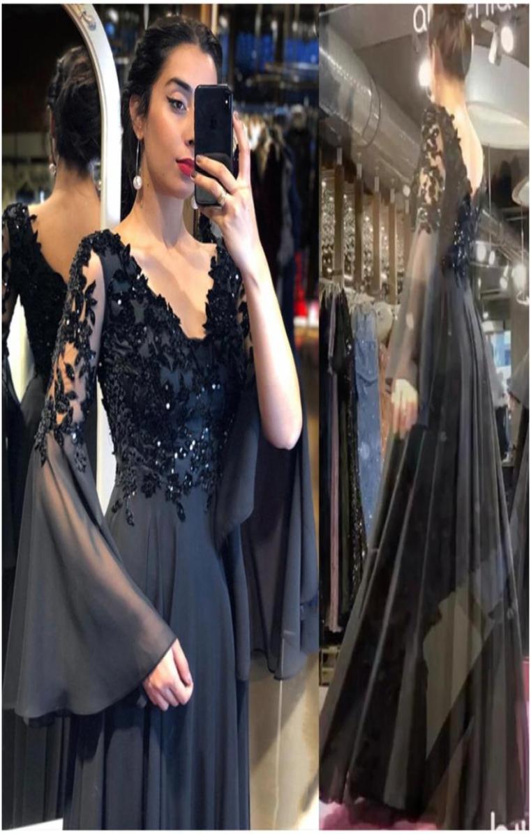 

Black Elegant Evening Dress ALine Flare Sleeve VNeck Lace Appliques Sequined Backless Floor Length Party Prom Gown 20217559077, Orange