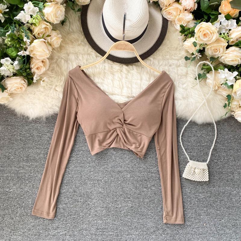 

Women's T Shirts Sexy Basic Skinny Irregular Shirt With Pad Pleated Slim Tops Korean Fashion Tees Long Sleeve Women Spring Autumn Crop Top, Black