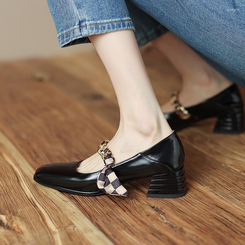 

Dress Shoes Vintage Thick High Heels Mary Jane Women 2023 Soft Leather Shallow Lady Round Toe Chunky Comfort Pumps Mujer Black, Wine red