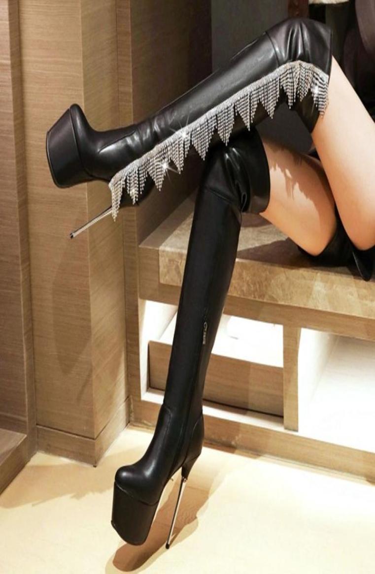 

Boots Bling Tassel Super High Women Thigh Platform Night Club Shoes Side Zipper Winter Heel Big Size 435767958, Black