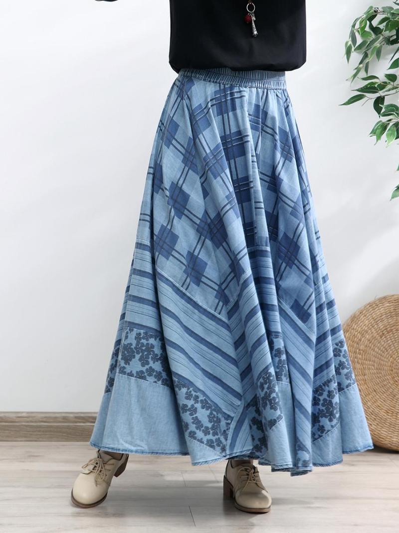 

Skirts 2023 Long Maxi A-line Women Elastic Waist Spring And Autumn Denim Jeans Blue Skirt Print Lady Big Hem
