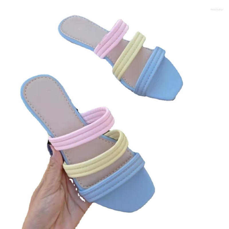 

Slippers 2023 Summer Braided Hollow Square Head Flat Bottom Women's Plus Size Color Matching Beach Sandals And, Light blue