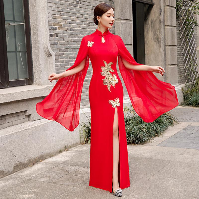 

Ethnic Clothing Butterfly&Flower Applique Cheongsams Satin Oversize Qipao Shawl Female Long Chinese Dress Gown Elegant Evening Party