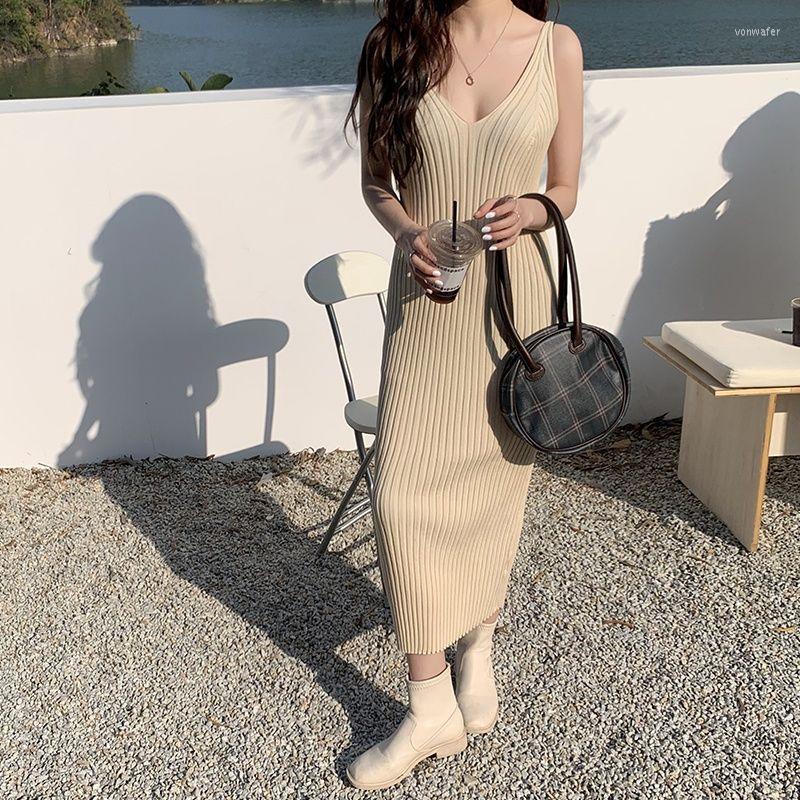 

Casual Dresses Woman Strap Fashion Female Pleated Slim Waist Pullovers Bodycon Summer Knitting Ladies V-neck Vestidos G589, Black