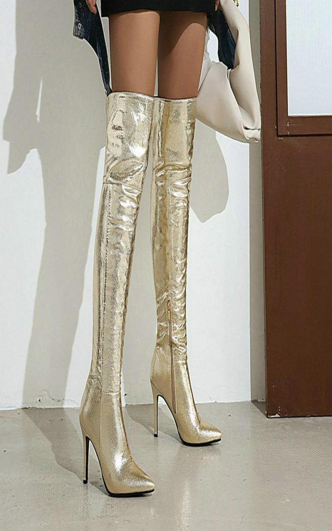 

Boots 2021 Women Over The Knee Fashion Pointed Toe Thin High Heel Ladies Long Zipper Winter Shoes Gold Sliver8155187, Silver