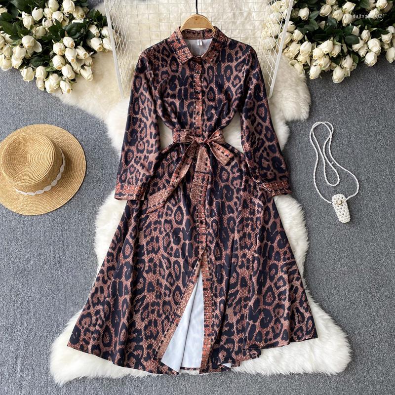 

Casual Dresses Fashion Slim Thin Bow Print Leopard A-line Dress Women Long Sleeve Single Breasted Elegant Vestidos De Fiesta J125, Dark brown