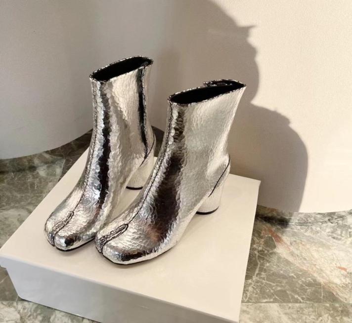 

Boots Silver Tabi Split Toe Chunky High Heel Boots Leather Zapatos Mujer Fashion Autumn Women Shoes Botas6997435