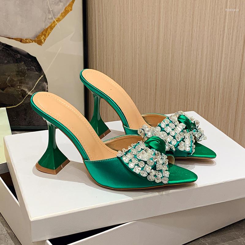 

Slippers ZOOKERLIN Pointed Peep Toe Rhinestone Bow Silk Women's Stiletto Cup High Heels Summer Slip On Slides Solid Color Pumps, Green