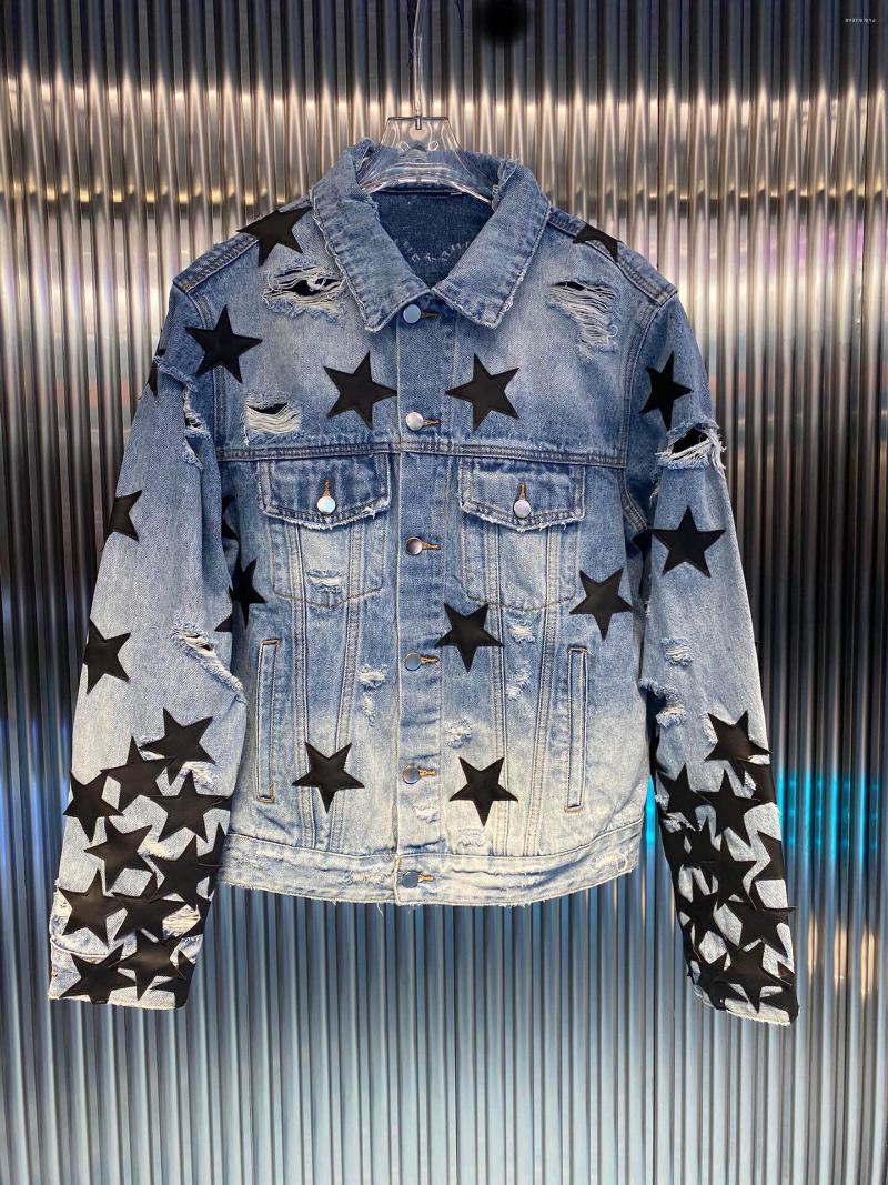 

Men' Jackets Style Poison Full Stitching Leather Five-pointed Star Hole Denim Jacket Europe And The United States Brand, Blue
