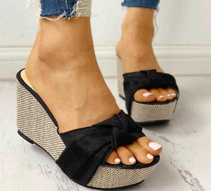 

Women Sandals Summer 2021 New Fashion Denim Butterfly Knot Platform Wedges High Heel Peep Toe Casual Fashion Beach Ladies Shoes Y03486002, Black