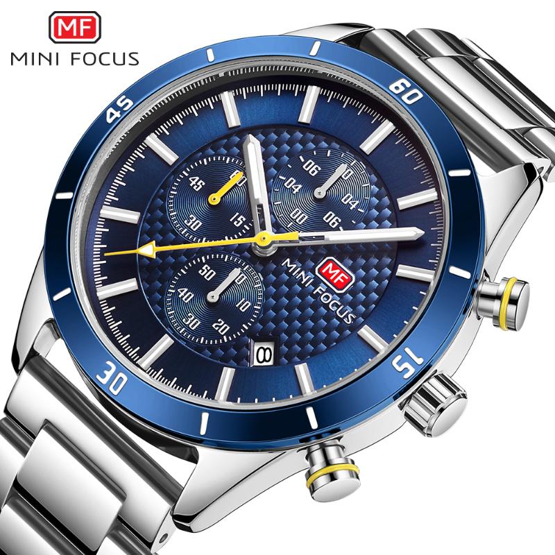 

Wristwatches Minifocus Men's Watch Fashion Casual Chronograph Stainless Steel Band Wristwatch Waterproof Quartz Male Clock Relogio Masculino, Silver