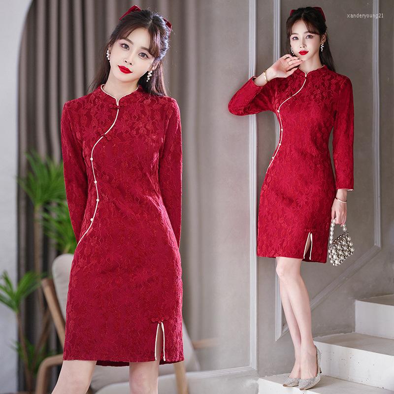 

Ethnic Clothing FZSLCYIYI Summer Chinese Style Retro Traditional Dress Lace Modified Long Sleeve Cheongsam For Women