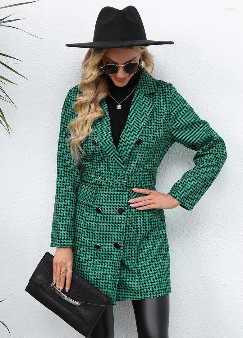 

Women' Jackets LiTi Winter Autumn Women Blazer Jacket Coat Thousand Bird Check Printed Long Lapel Windbreaker, Green