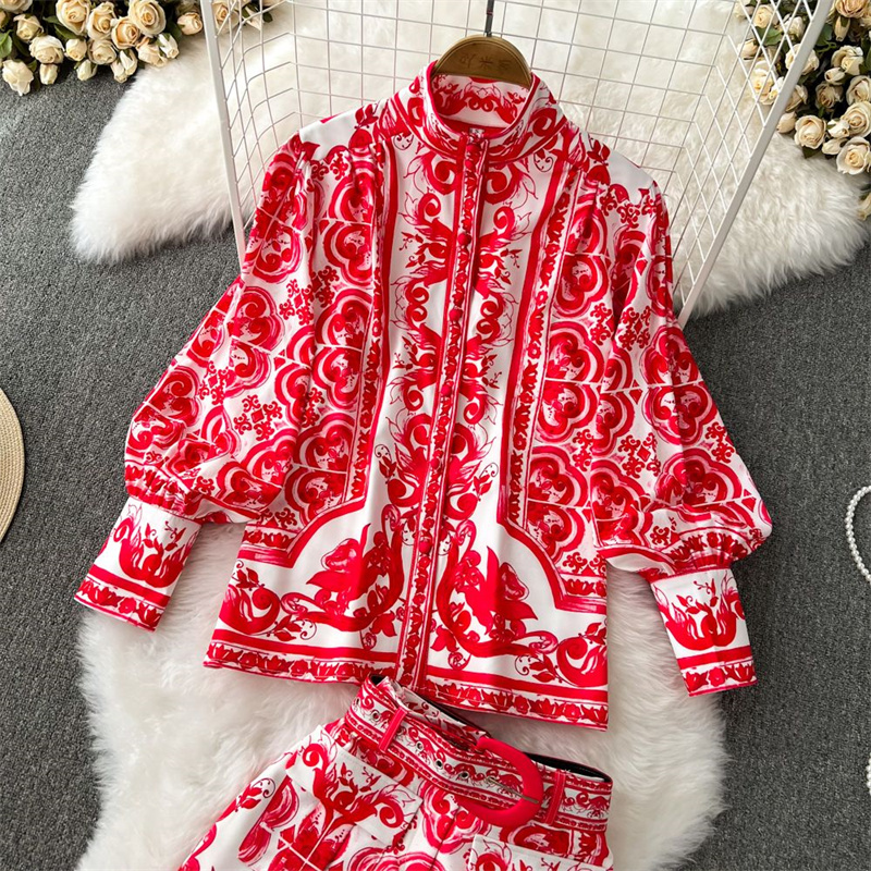 

Fashion Women Vintage Two Piece Clothing Short Set Floral Print Lantern Sleeve Blouse Shirts And Pockets Belt Shorts Suit, Extra amount