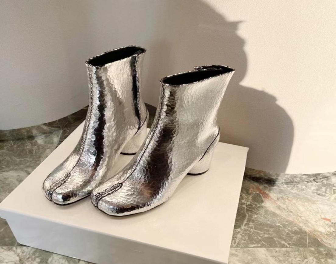 

Boots Silver Tabi Split Toe Chunky High Heel Boots Leather Zapatos Mujer Fashion Autumn Women Shoes Botas2715190