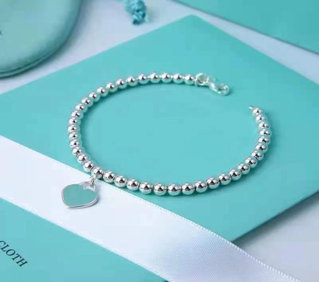 

925 Silver TIF Luxury Heart Beaded Tag Strands Bracelet Women Fine jewelry Trendy Beads chain round ball Bracelets for girlfriend 2614303