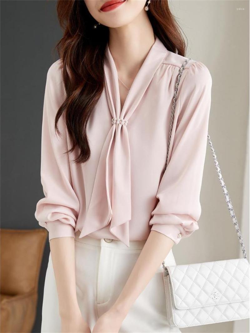 

Women' Blouses Women Spring Autumn Style Shirts Lady Casual Long Puff Sleeve Bow Tie Collar Blusas Tops ZZ1625, Pink