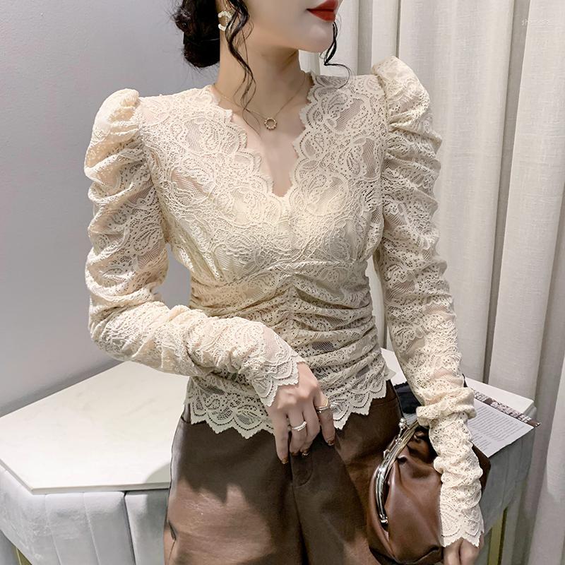 

Women's T Shirts Fall Winter Korean Clothes Lace T-Shirt Chic Sexy V-Neck Draped Women Tops Long Sleeve 2023 Bottoming Shirt Slim Tees 1153, Black