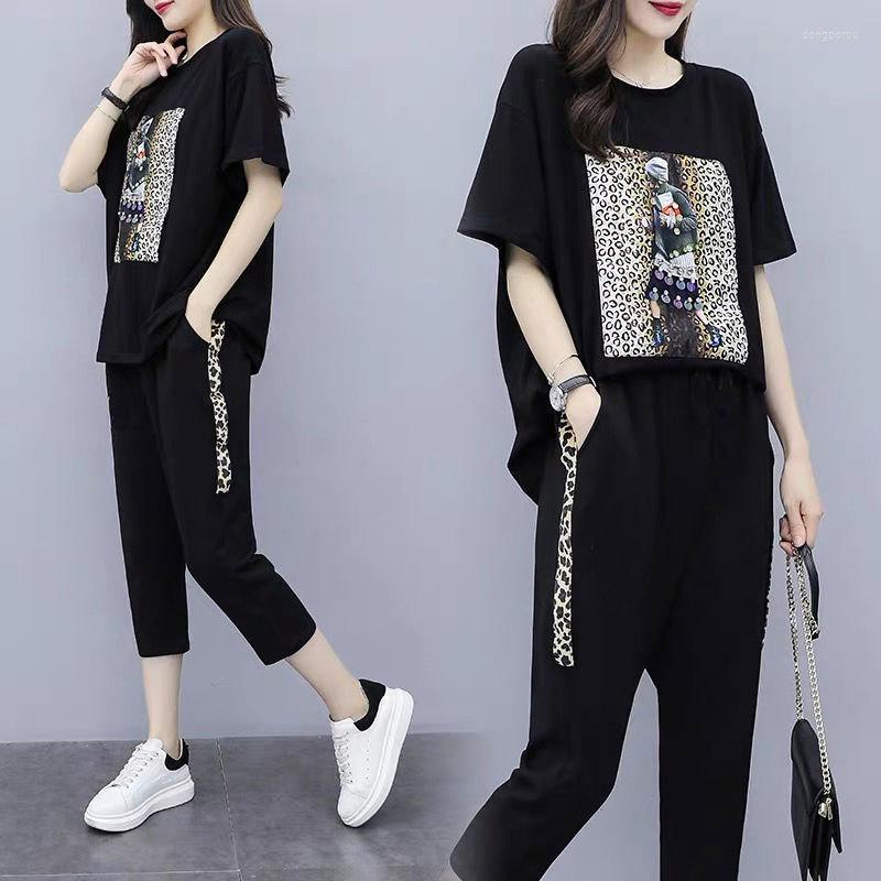 

Women's Tracksuits Summer Pantsuit Set Short Sleeve Tops Casual Women's Black Oversize Fashion Sportswear Calf-Length Pants Size 5XL, 203 red