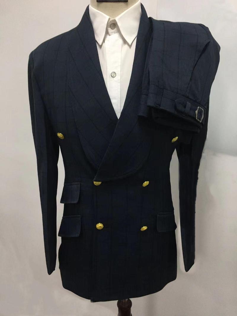 

Men's Suits Custom Unique Design Materials Navy Plaid Fashion For Mens Formal Wedding Groom Prom Party Men Suit Blazer Double Breasted, Black