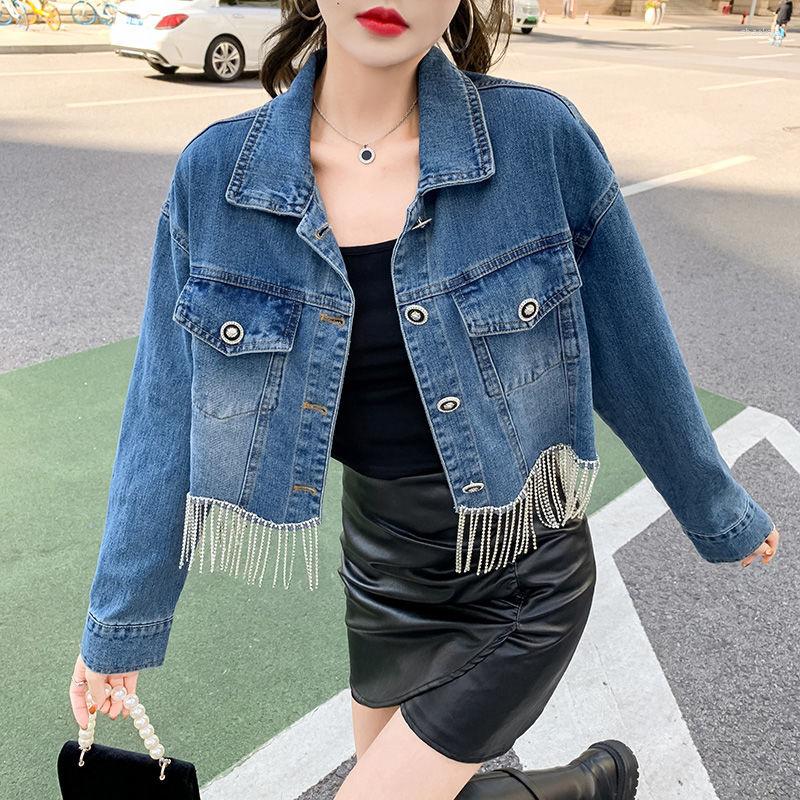

Women' Jackets Jeans Coat Female Spring 2023 Trend Streetwear Diamond Chain Tassel Hem Short Slim Fashion Denim Jacket Women, Denim blue