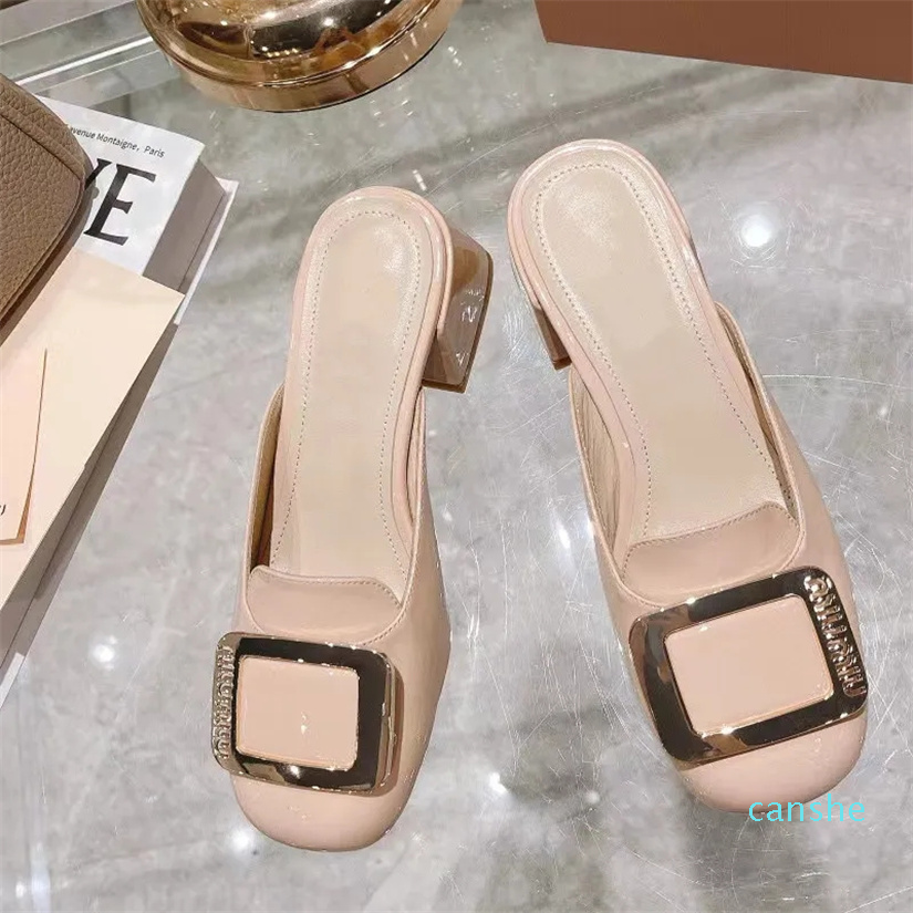 

Women Slippers Fashion Designers Chunky High Heels Slip On Shoes Women Buckle Ladies Pumps, As picture1