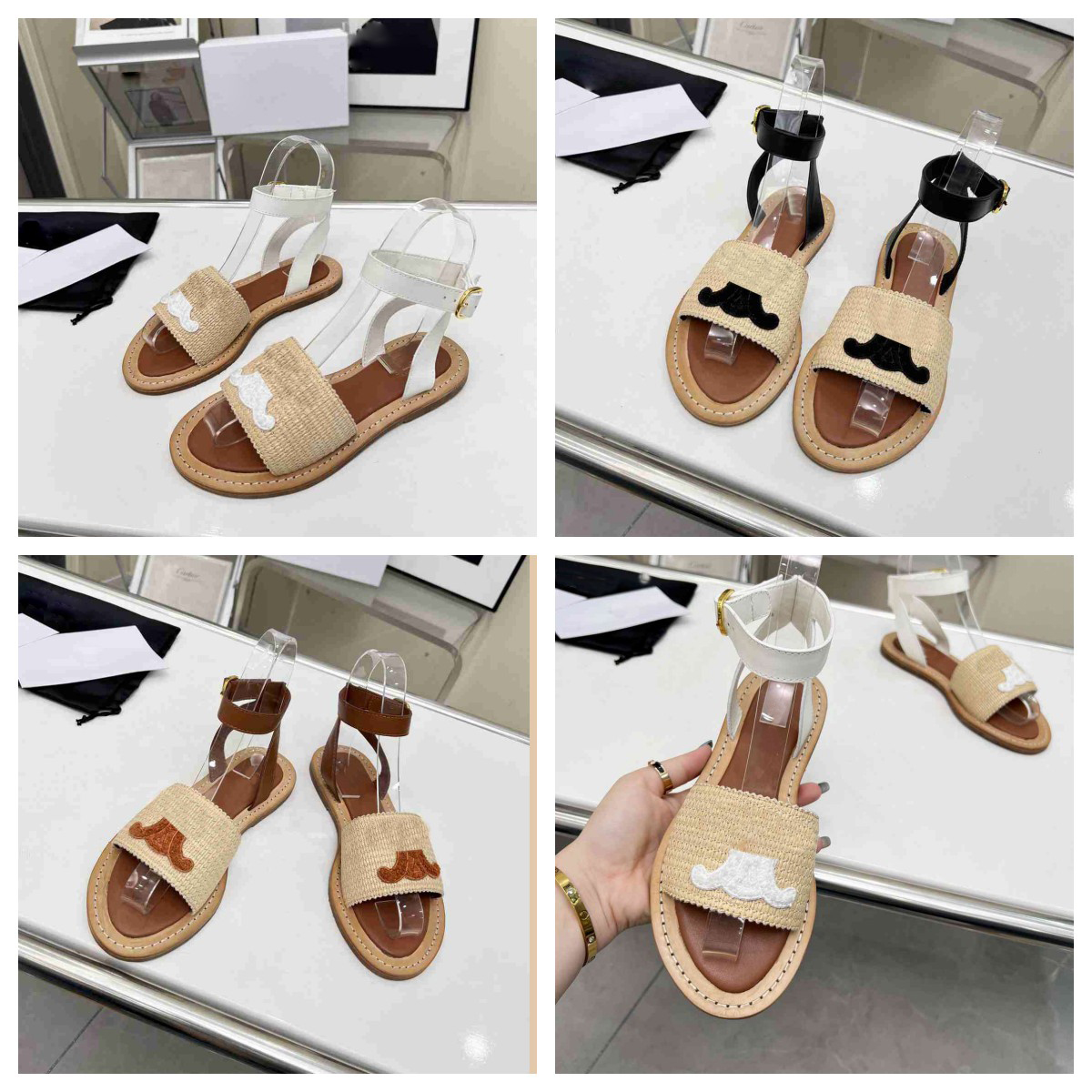 

Designer Straw Sandals Women Flat Shoes Summer Decoration Logo Outdoor Classic Casual Slide Open Toe Woven Upper Shoes with box, Color 1