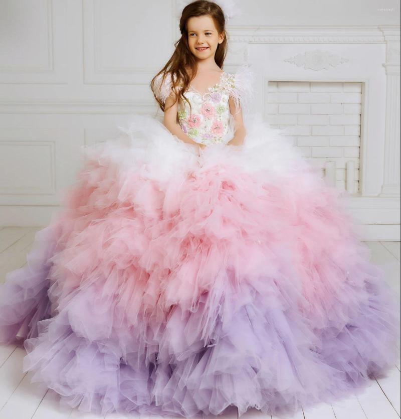 

Girl Dresses Rainbow Flower For Wedding Prom Party Feather Beads Girls Pageant Gowns Lace Appliques Kids Christmas Dress, Gray