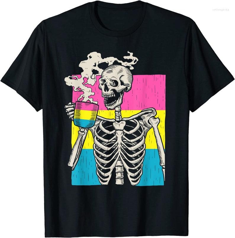 

Men's T Shirts Skeleton Drinking Coffee LGBT-Q Pansexual Pride Pan Flag T-Shirt