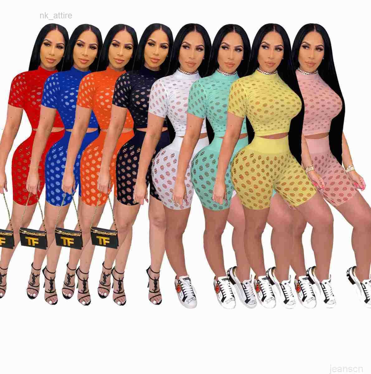 

Designers Women tracksuits Clothes 2022 summer short suit elastic breathable hole fabric two-piece set Fashion, Orange