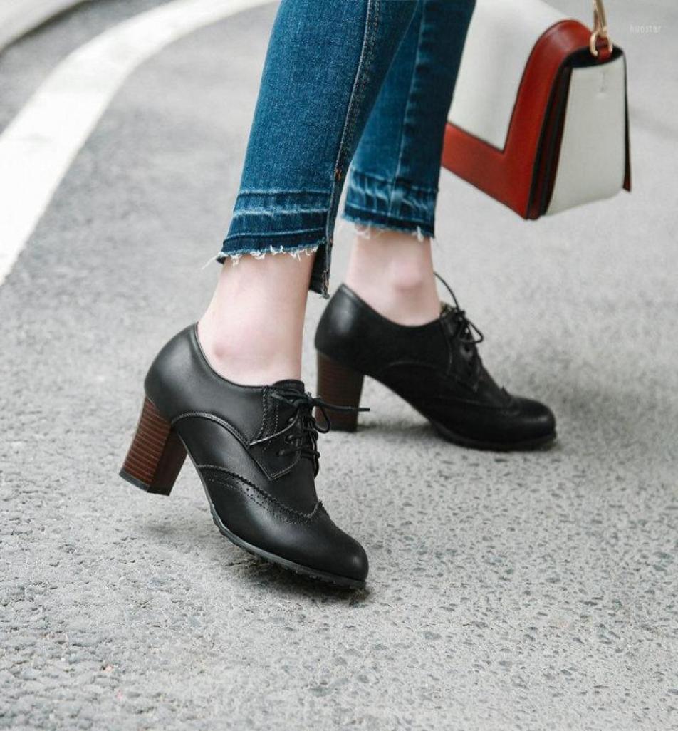 

Dress Shoes Huostar Womens Pump Shallow Brogue Shoe Vintage Chunky Heel Cut Out Oxford Woman Short Boot7776365, Black