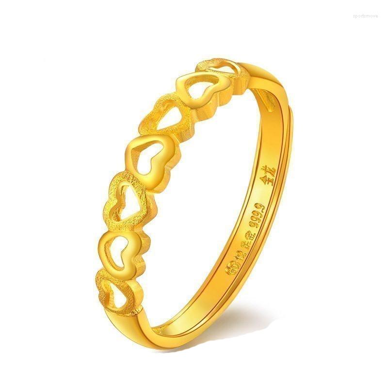 

Wedding Rings PURE 24K YELLOW GOLD RING WOMEN 999 HEART BAND 2.77G