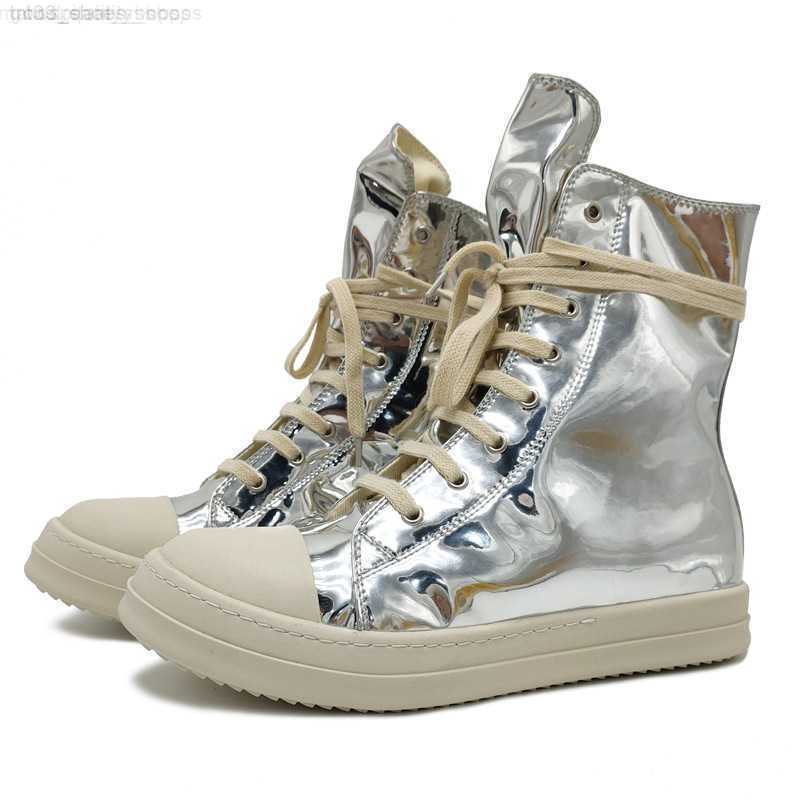

High Rick Street Men's Casual Shoes RO Owens Women's Sneakers Patent Leather Ankle Boots For Men, Silver