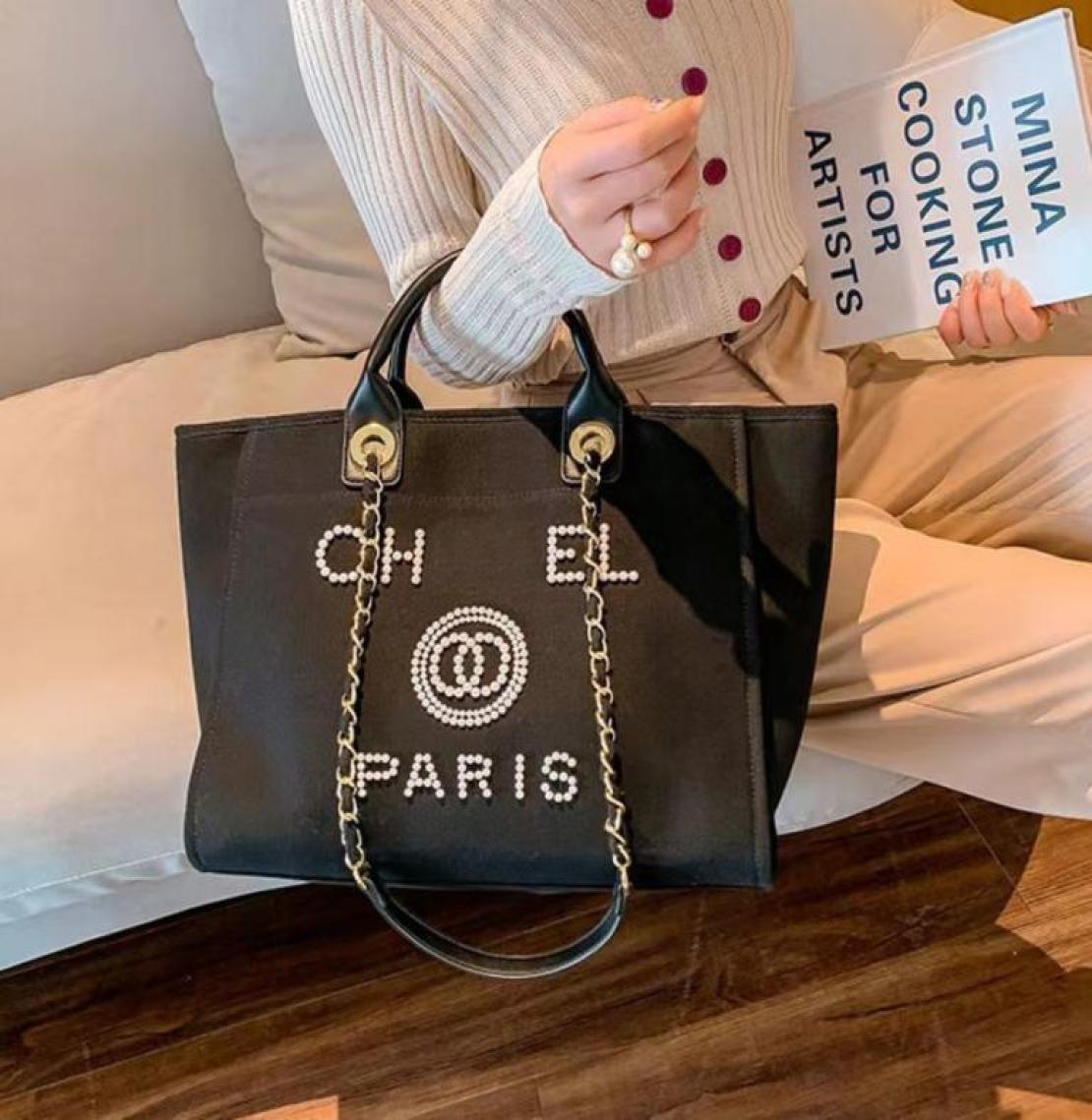 

Luxury Classic Designer Beach Bags Tote Label Pearl Evening Bag Portable Large Capacity Female Fashion Canvas Handbag Brand Women 7916404, Beige