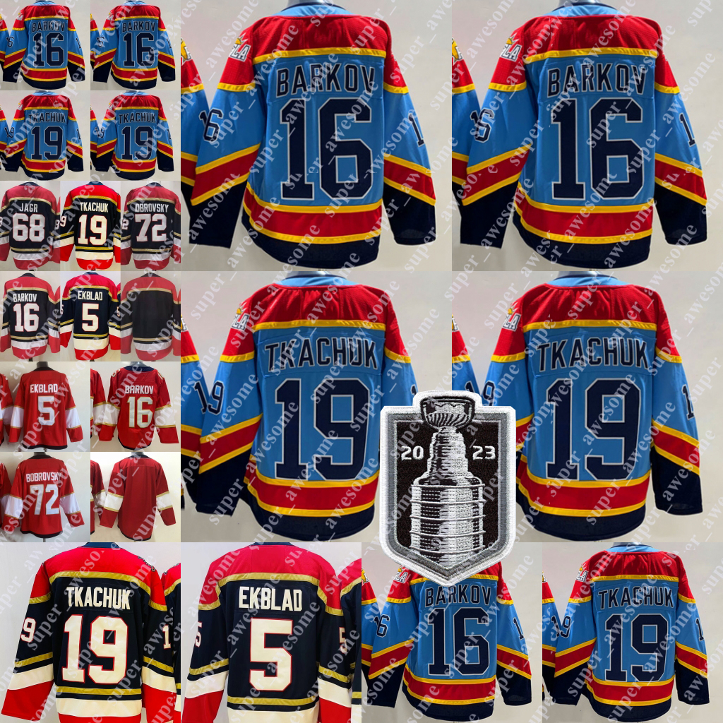 

2023 Stanley Cup Final Patch 16 Aleksander Barkov Jersey 19 Matthew Tkachuk Sergei Bobrovsky Aaron Ekblad Hockey Jerseys Light Blue Red Navy White Stitched