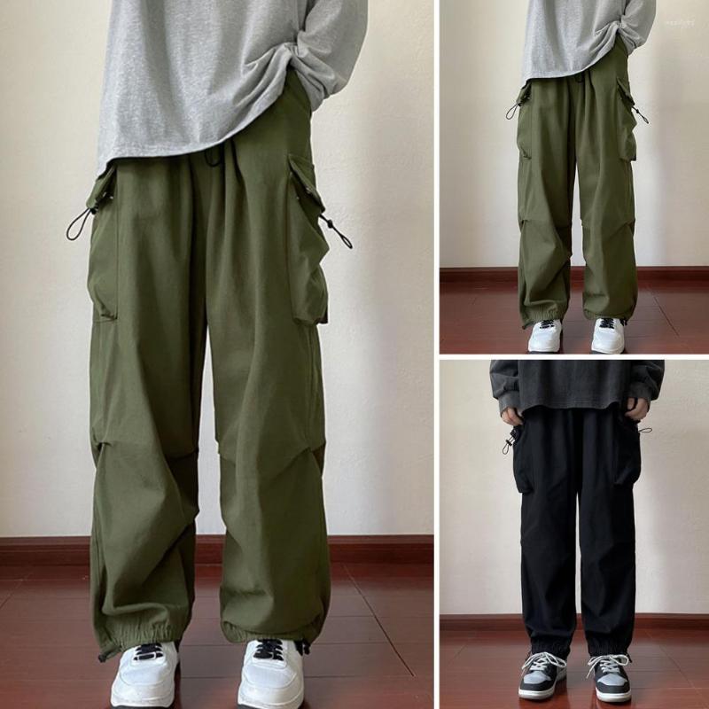

Men' Pants Men' Drawstring Elastic Waist Loose Straight Multiple Pockets Daily Wear Cotton Blend Solid Color Cargo School Supp, Black