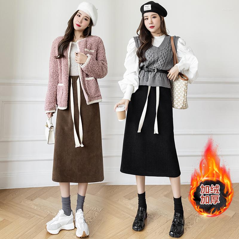 

Skirts 2023 Autumn Winter Elastic High Waist Thin Thick Plus Velvet Casual Simple Solid Color Women A-line Long Skirt, Black
