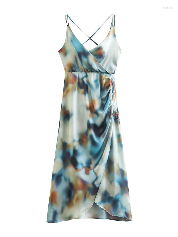 

Casual Dresses Party For Women 2023 Side Gathered Draped Tie Dye Print Midi Dress V Neck Spaghetti Strap Lace Up Backless Sexy, Blue