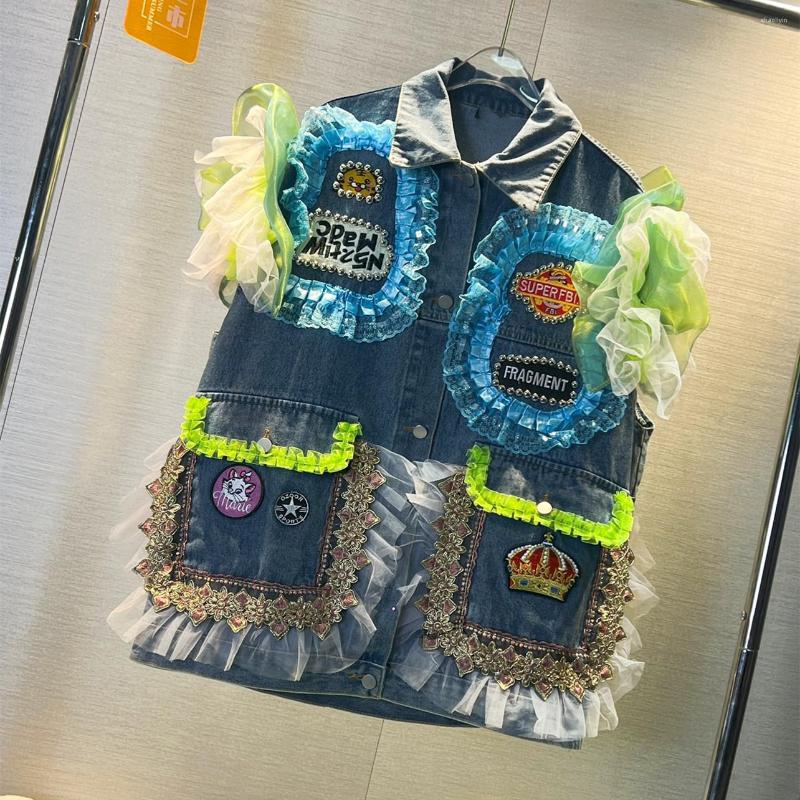 

Women's Vests 2023 Spring Summer Denim Waistcoat Women Plus Size Turn Down Collar Jeans Vest Patchwork Sequins Sleeveless Outfit, Blue