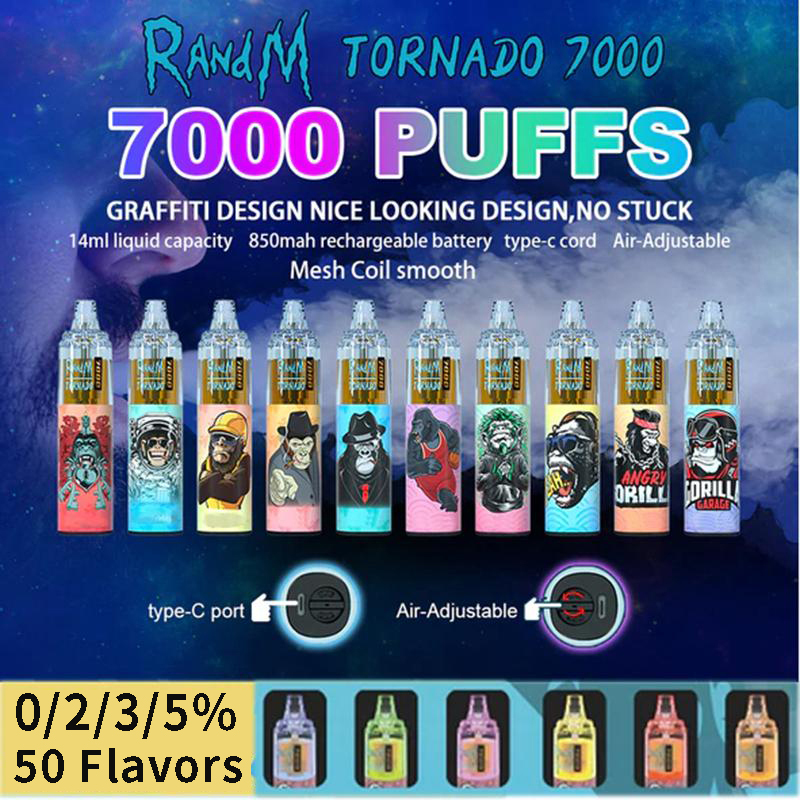 

Original RandM Tornado 7000 Puffs Disposable Vape Pen Randm 7000 Puff 7000 E Cigarettes 14ml Pod Mesh Coil 6 Glowing Rechargeable Air-adjustable 0/2/3/5% Device