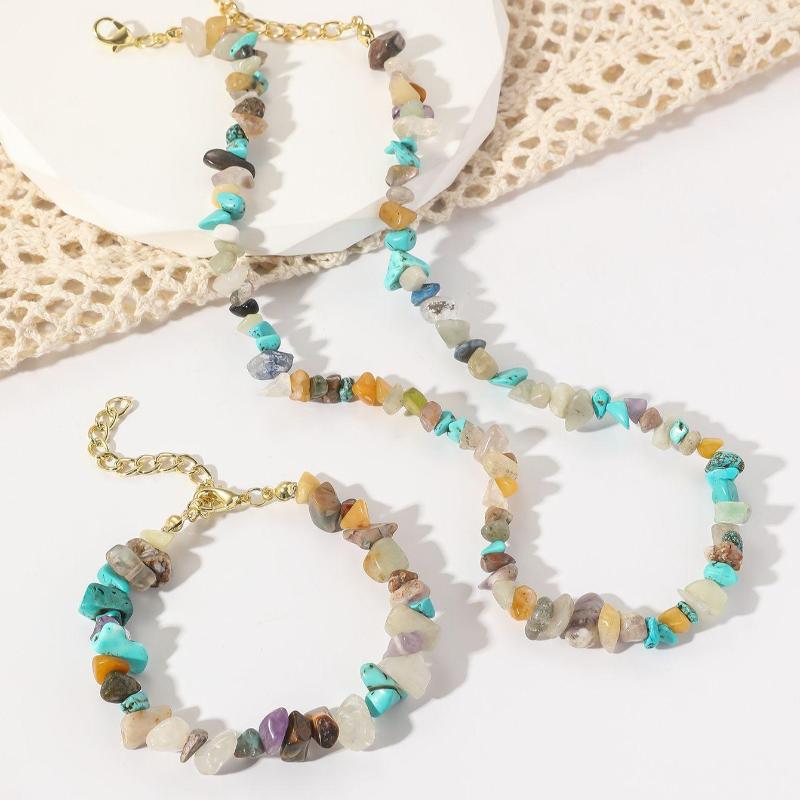 

Pendant Necklaces Bohemian Handmade Colorful Gravel Beaded Natural Stone Necklace Bracelet For Women
