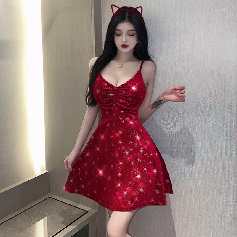 

Casual Dresses #2714 Black Red Velvet Dress Backless Bright Diamonds A-line Sleeveless Spaghetti Straps Ladies High Waist Summer