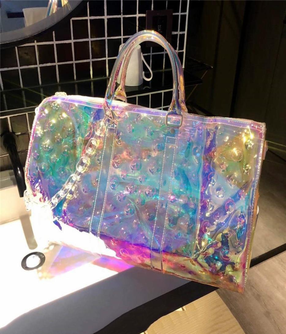 

Quality Sports Gym Bag Transparent Embossed Boarding Luggage Portable Colorful Laser Travel Bags Large Capacity Whole4290977, Sky blue