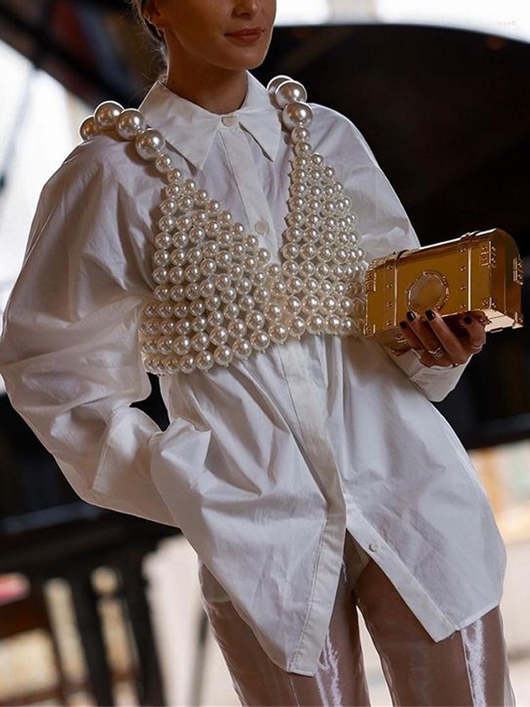 

Women's Tanks Sexy Fashion Pearls Straps Crop Tops For Women 2023 Elegant Backless V Neck Cropped Party Tank Casual Beads Short Shirt, White