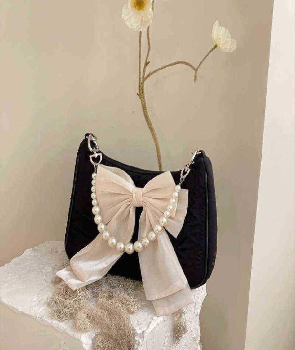 

Shopping Bag Vintage Bow Women Forearm Bag Faux Pearl Necklace Ladie Shoulder Crossbody Female Soft Nylon Wallet Small Tote 2207231198676, White