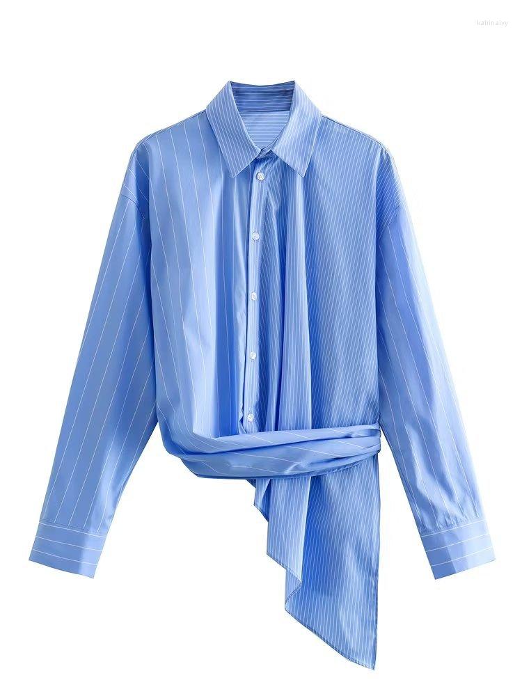 

Women's Blouses Jyate Summer Women Long Sleeve Irregular Splicing Shirt Fashion Single-breasted Striped Tops Casual Waist Lady 2023, Sky blue