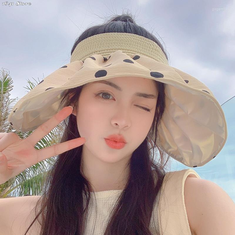 

Wide Brim Hats 1x Summer UV Protection Shell Sunshade Hat For Women Polka Dots Foldable Bucket Caps Outdoor Beach Sunscreen