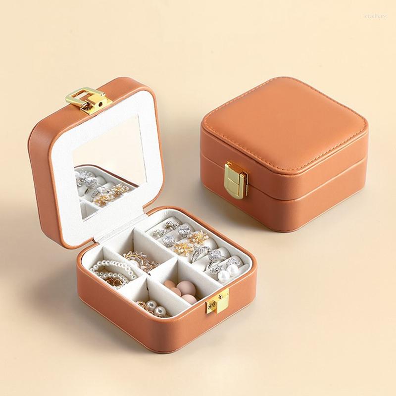 

Jewelry Pouches Leather Storage Box Pumpkin Color Mini Portable Earring Holder Jewellery Display Case Organizer
