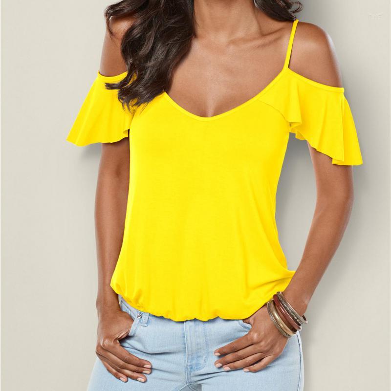 

Women's T Shirts Women Solid Black White Blue Yellow Halter Off Shoulder Hollow Out Strap Cross Back Butterfly Sleeve T-shirt