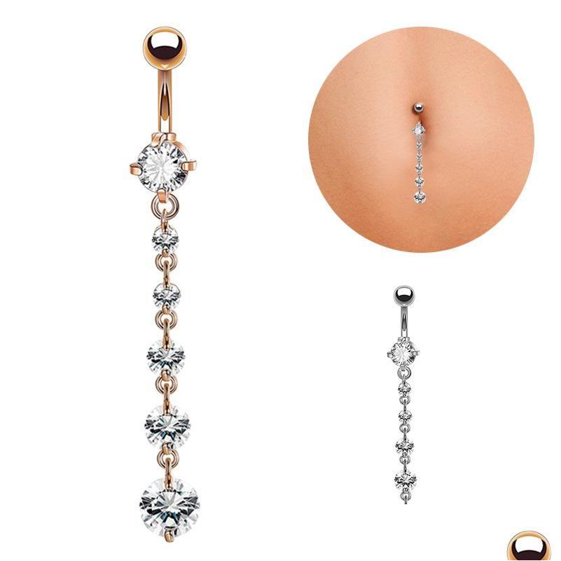 

Navel Bell Button Rings Fashion Stainless Steel Zircon Long Dangle Round Rhinestone Belly Ring Bar Barbell Piercing Reverse Jewelr Dhozv